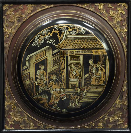 A pair of Chinese gilt-decorated red and black lacquer square panels, 19th century, 45.5cm